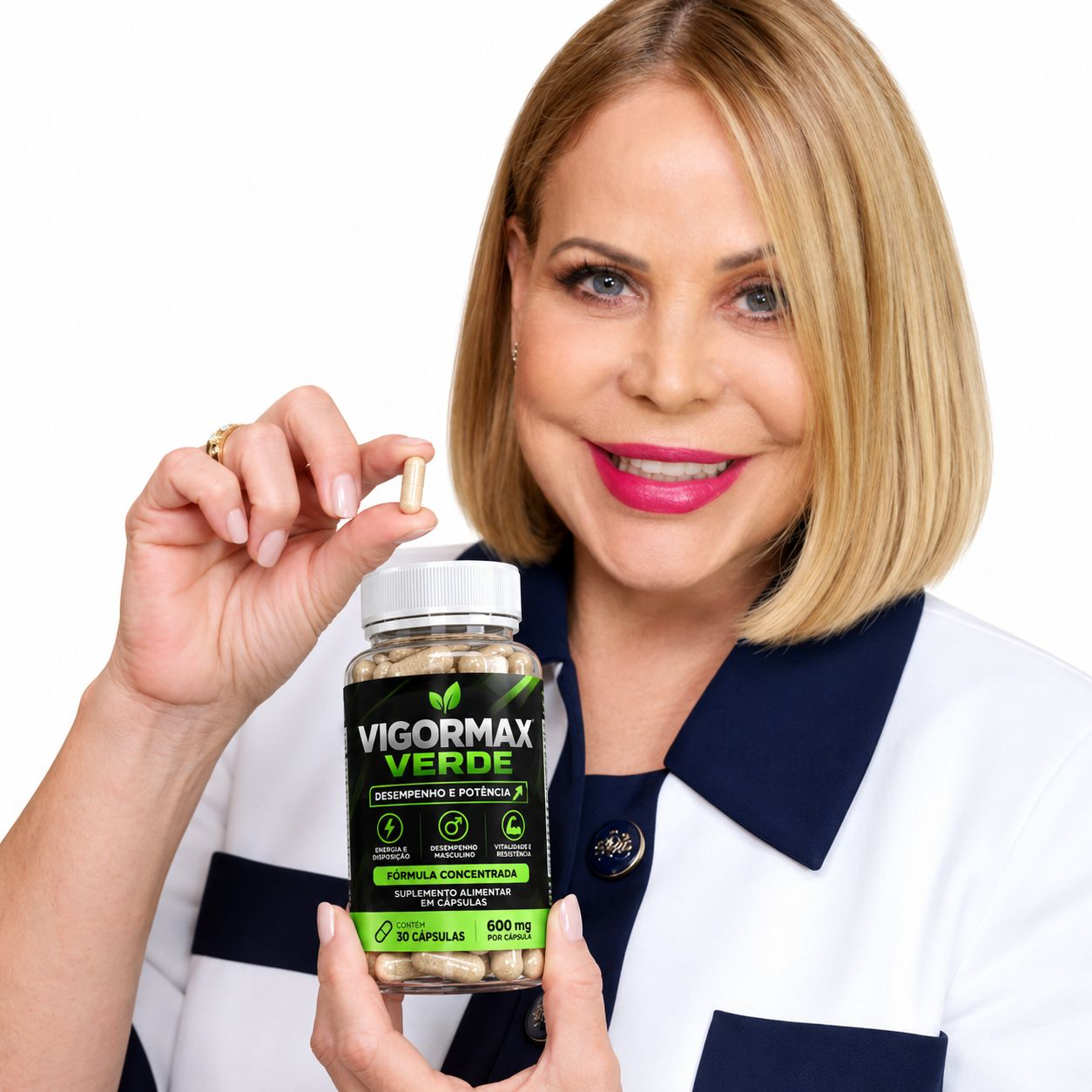 Mulher segurando um frasco de Vigormax Verde e uma cápsula